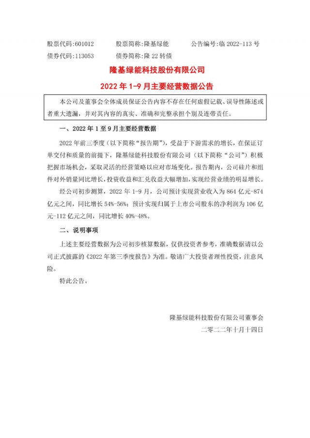 隆基綠能：營(yíng)收或超864億，預(yù)計(jì)前三季凈利或在106億元-112億元之間