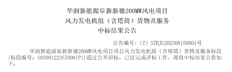 3.5億元！華潤200MW風電項目中標公示